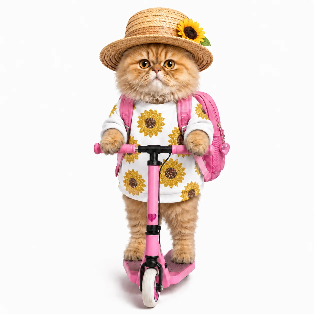 ひまわりの服でキックボードに乗る金ちゃん