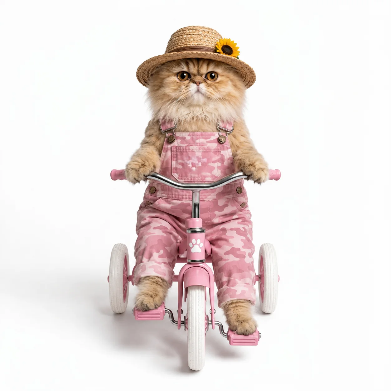 ピンクのオーバーオールで三輪車に乗る金ちゃん